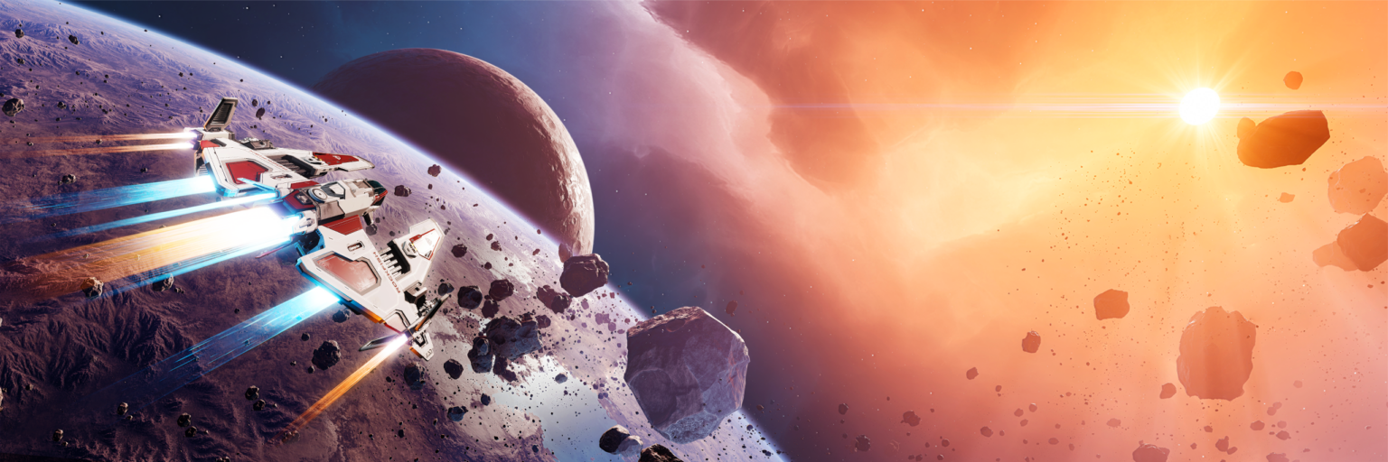 Raumschiff vor Planeten und Asteroiden im offiziellen Everspace-2-Pressemotiv von 2019 - Bild: ROCKFISH Games