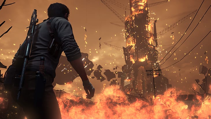 Offizieller Screenshot aus The Evil Within 2 mit Sebastian vor einer brennenden Umgebung - Bild: Bethesda / Tango Gameworks