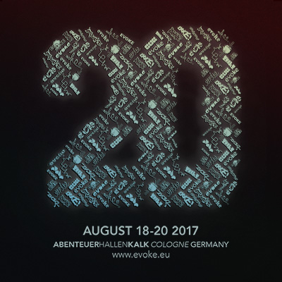 Offizielles Evoke-20-Veranstaltungsmotiv mit Datum 18. bis 20. August 2017 und Veranstaltungsort Köln - Bild: Evoke / Digitale Kultur e.V.