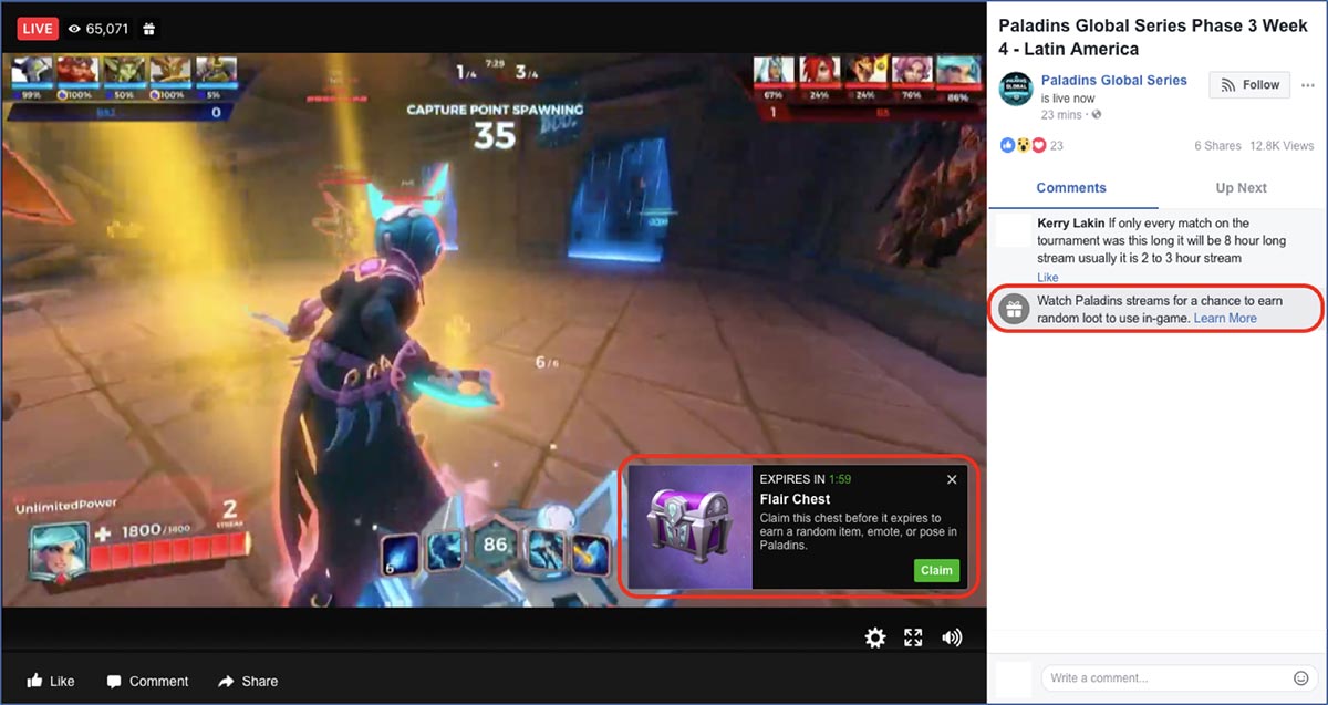 Offizielles Facebook-Beispiel für Zuschauerbelohnungen während eines Paladins-Livestreams im Jahr 2018 - Bild: Facebook / Hi-Rez Studios
