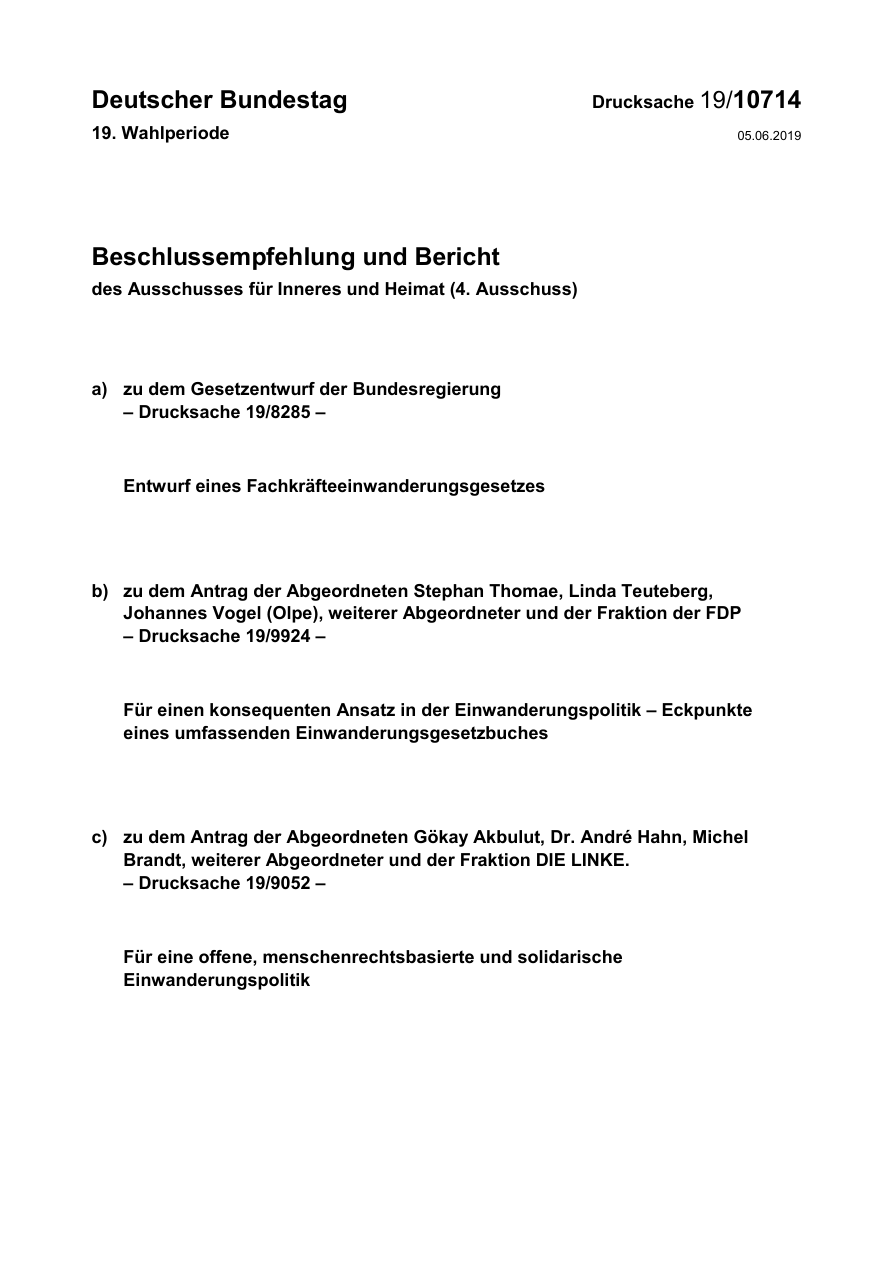 Titelseite des Ausschussberichts 19/10714 vom 5. Juni 2019 zur Fachkräfteeinwanderung - Bild: Deutscher Bundestag