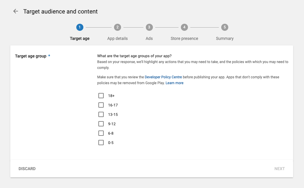 Zielgruppenformular der Google Play Console von 2019 - Bild: Google