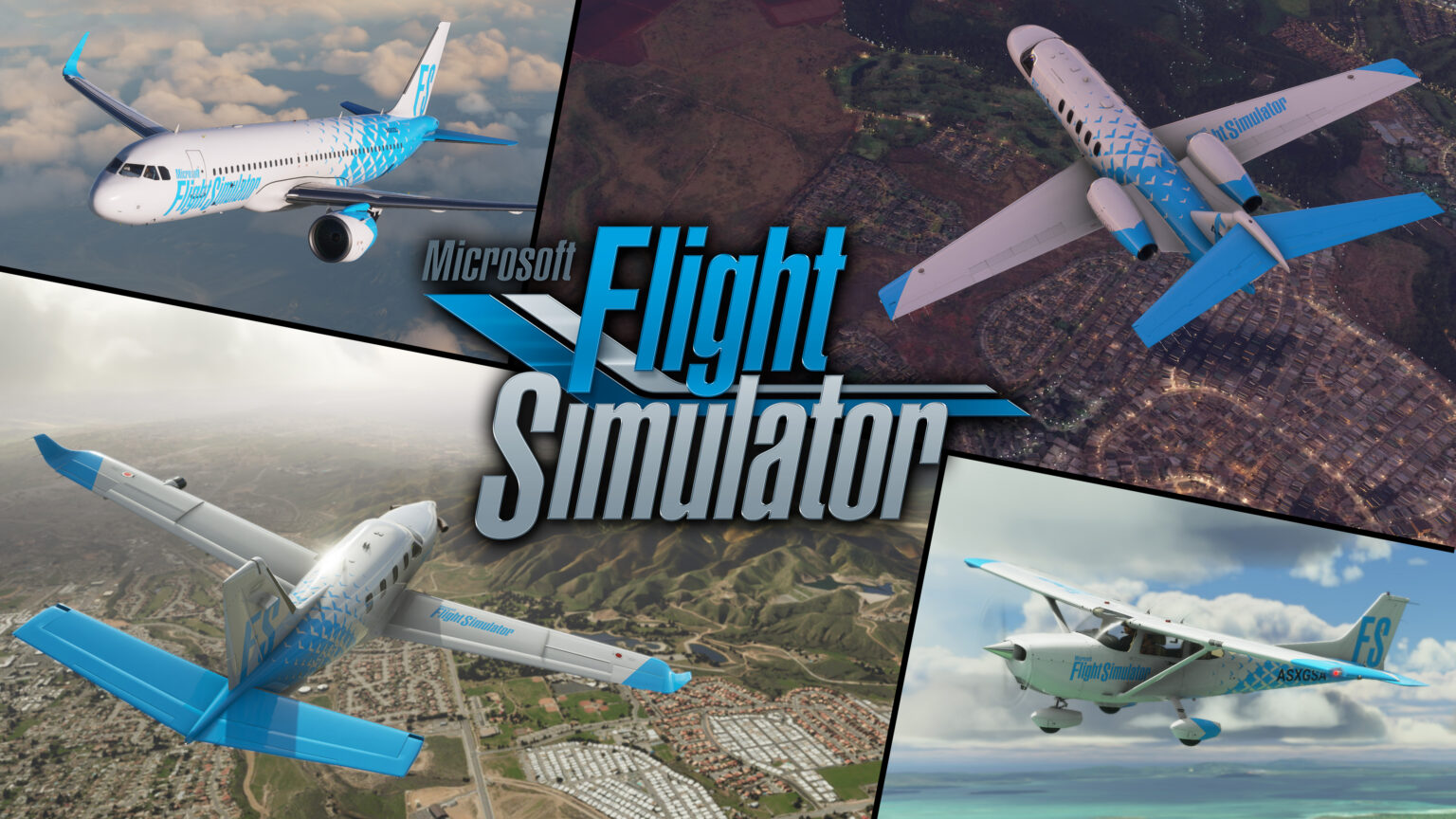 Flugzeug-Collage mit blau-weißen Lackierungen im offiziellen Startmotiv des Flight Simulators von 2020 - Bild: Microsoft