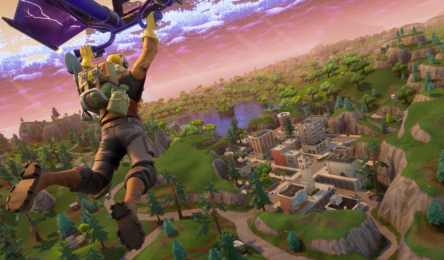 Fortnite-Motiv mit Gleiter über der Spielwelt aus der Sensor-Tower-Analyse vom Juli 2018 - Bild: Epic Games / Sensor Tower