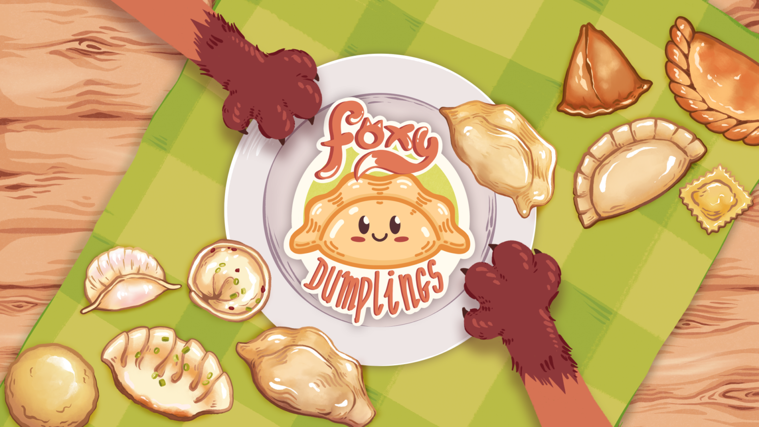 Offizielles Foxy-Dumplings-Motiv mit Teigtaschen und dem Spiellogo - Bild: Soft Crunch Games