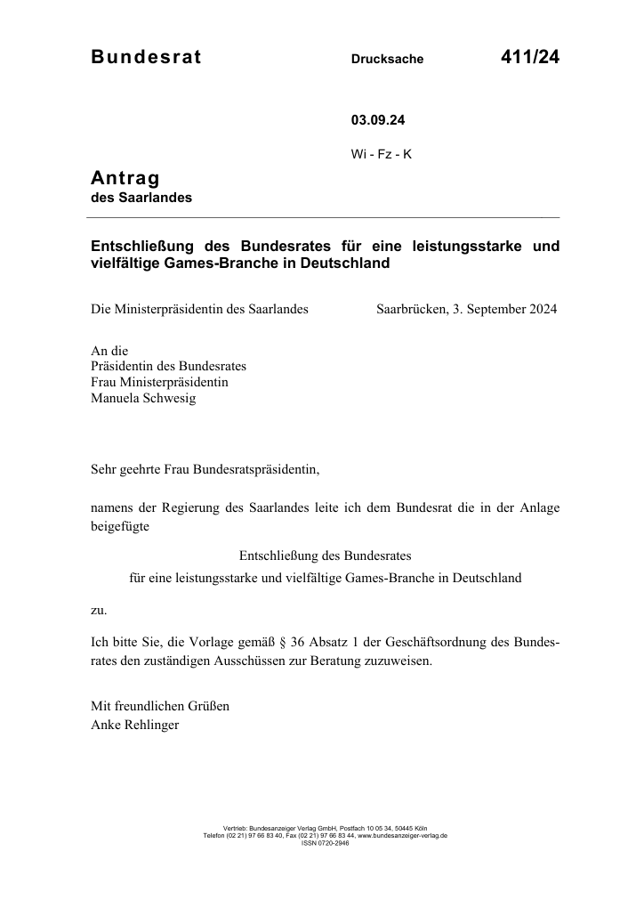 Bundesratsdrucksache 411/24 vom September 2024 - Bild: Bundesrat
