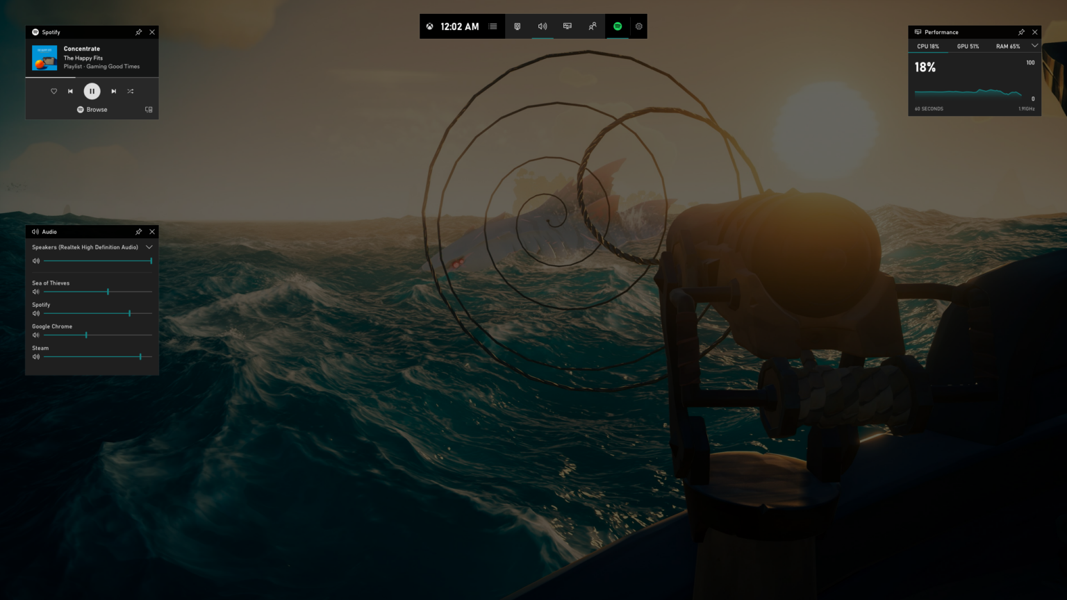 Xbox Game Bar mit Spotify- und Audio-Widgets über Sea of Thieves im Mai 2019 - Bild: Microsoft / Xbox Wire