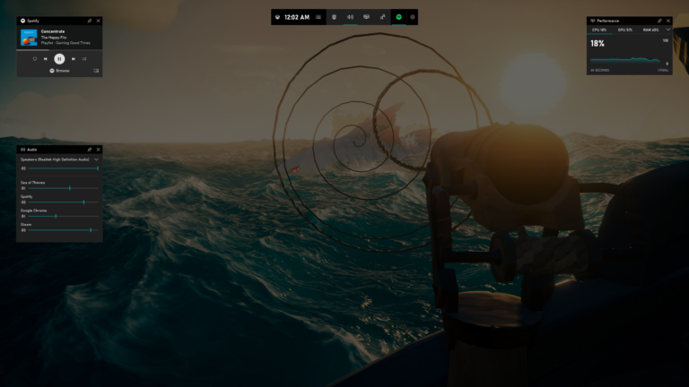 Xbox Game Bar mit Spotify- und Audio-Widgets über Sea of Thieves im Mai 2019 - Bild: Microsoft / Xbox Wire