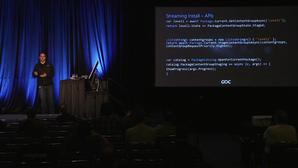 Eric Walston bei seinem GDC-Vortrag über UWP und Game Mode - Bild: Microsoft