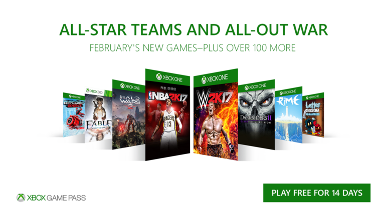 Offizielles Xbox-Game-Pass-Werbemotiv mit den für Februar 2018 angekündigten Spielen, historische Abbildung und kein aktuelles Testangebot - Bild: Microsoft / Xbox Wire