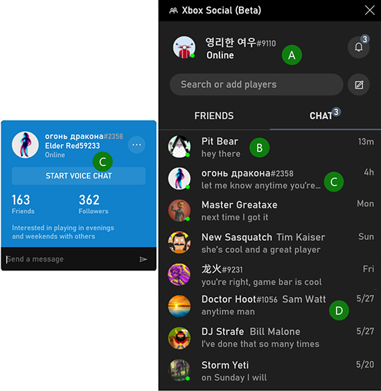 Offizielle Xbox-Game-Bar-Beispiele für Gamertags mit unterschiedlichen Schriftsystemen und Zahlensuffixen im Juni 2019 - Bild: Microsoft / Xbox Wire