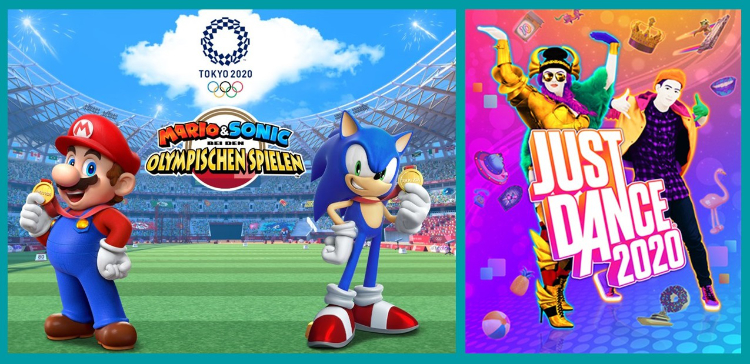 Offizielles Presse-Sammelmotiv zu Mario & Sonic: Tokyo 2020 und Just Dance 2020 aus der Mitteilung zu den game Sales Awards - Bild: game / Nintendo / SEGA / Ubisoft