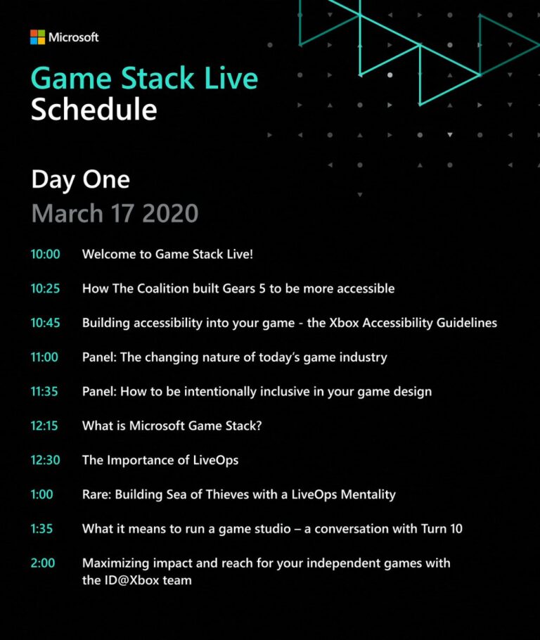 Offizielle Programmtafel des ersten Tages von Game Stack Live 2020, Uhrzeiten in kalifornischer Zeit - Bild: Microsoft