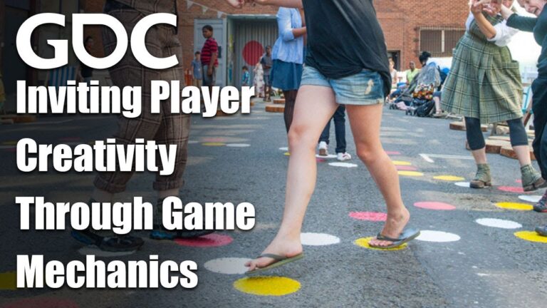 Offizielles Vortragsmotiv mit Spielenden auf farbigen Bodenpunkten und dem Titel Inviting Player Creativity Through Game Mechanics - Bild: GDC / Holly Gramazio