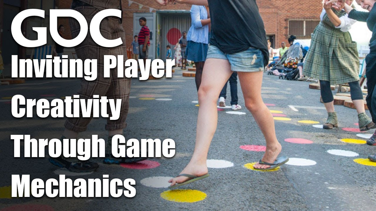 Offizielles Vortragsmotiv mit Spielenden auf farbigen Bodenpunkten und dem Titel Inviting Player Creativity Through Game Mechanics - Bild: GDC / Holly Gramazio