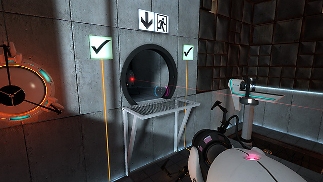 Offizieller Portal-Screenshot mit Portalkanone und Testkammer, Illustration des Spielbeispiels, keine Konferenzaufnahme - Bild: Valve
