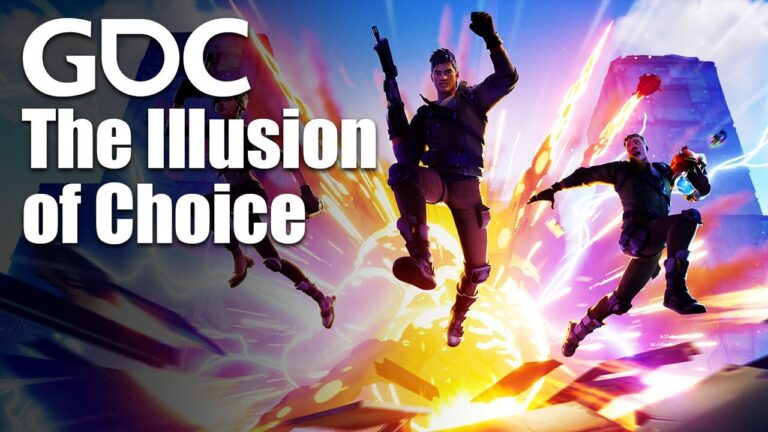 Offizielles GDC-Titelbild zu The Illusion of Choice mit Figuren aus Fortnite - Bild: GDC / Epic Games