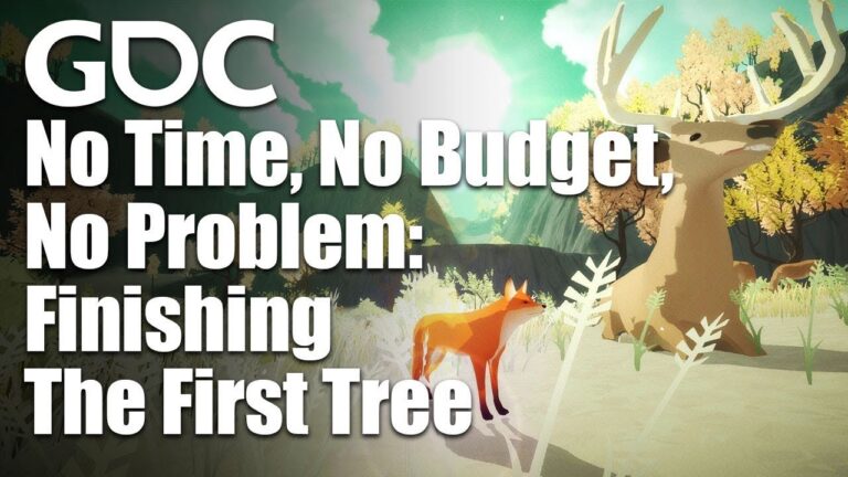 Offizielles GDC-Titelbild des Vortrags zu The First Tree mit einem Fuchs und einem Hirsch in einer illustrierten Waldlandschaft - Bild: GDC