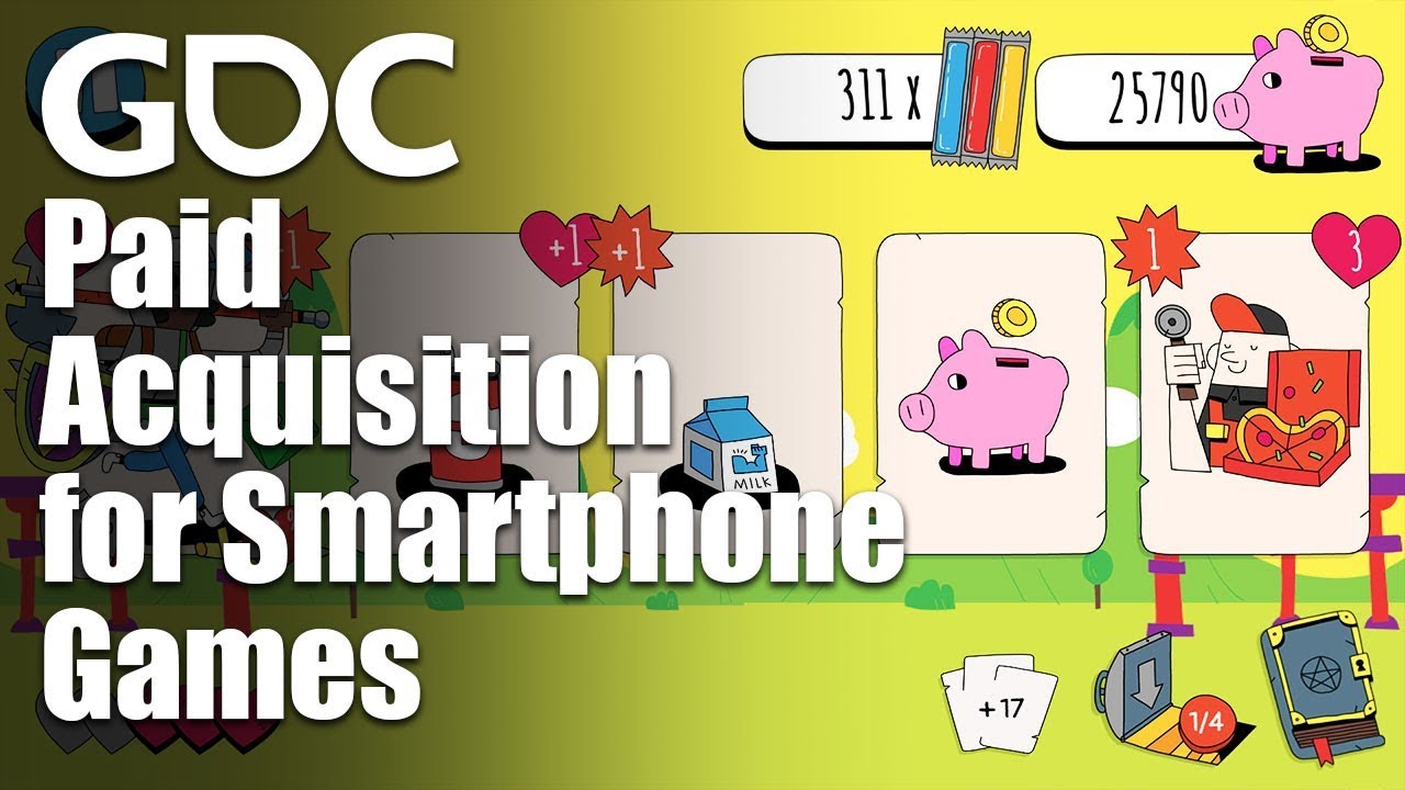 Offizielles GDC-Titelbild des Vortrags über bezahlte Nutzergewinnung für Smartphone-Spiele mit einem illustrierten Spielmotiv - Bild: GDC