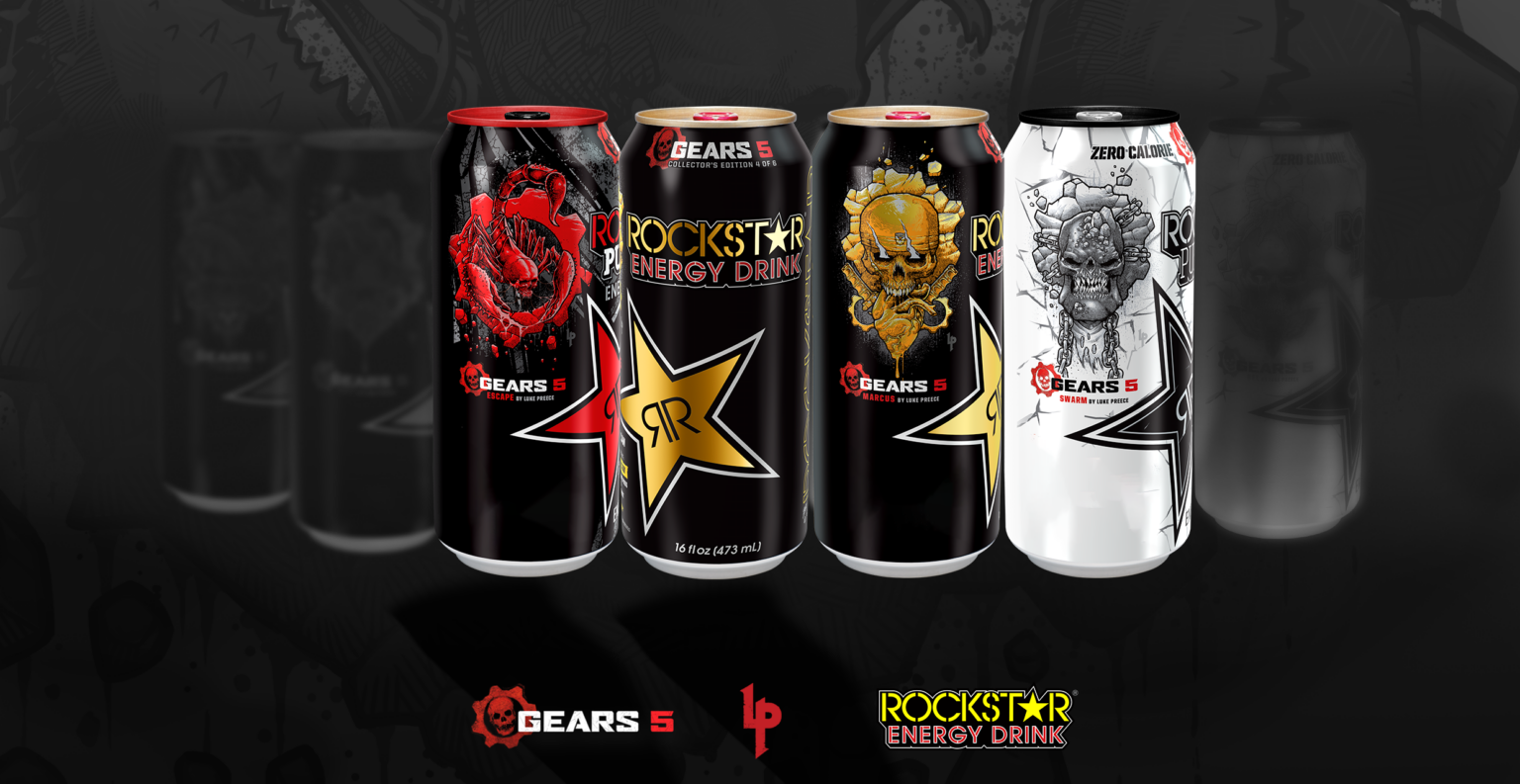 Gears-5-Dosenmotive mit Marcus Fenix und Swarm aus der Verpackungskampagne von 2019 - Bild: Rockstar Energy / Xbox