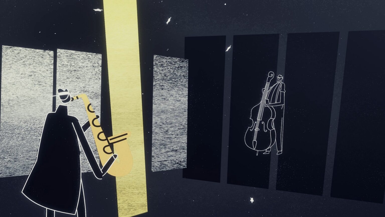 Offizieller Screenshot aus Genesis Noir mit stilisierten Saxophon- und Kontrabassspielern - Bild: Feral Cat Den / Xbox Wire