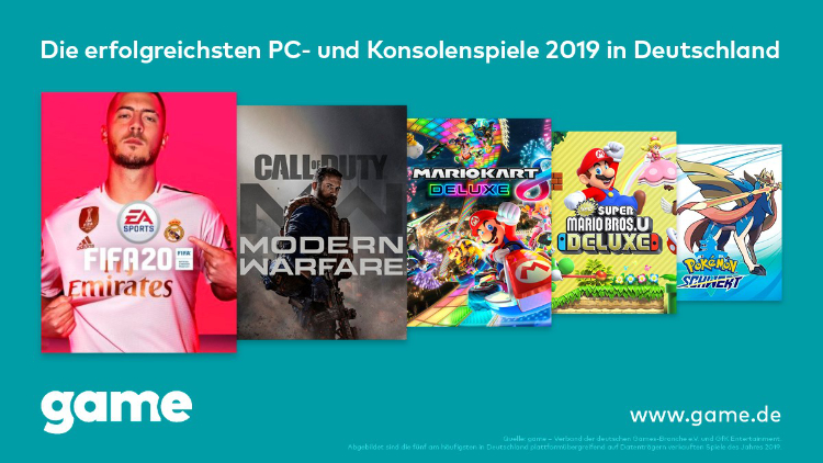 Offizielle Grafik zu Deutschlands Datenträger-Jahrescharts 2019 mit den fünf führenden Spielen - Bild: game / GfK Entertainment