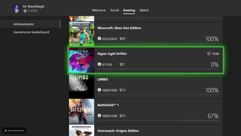 Offizieller Xbox-One-Screenshot von 2017 mit der Option zum Ausblenden eines Spiels ohne freigeschaltete Erfolge - Bild: Microsoft / Xbox