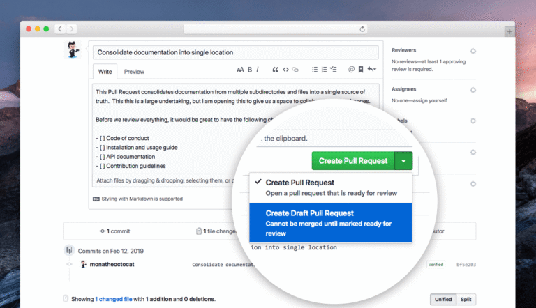 GitHub-Oberfläche für Draft Pull Requests