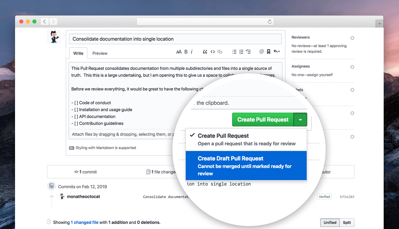 GitHub-Oberfläche für Draft Pull Requests