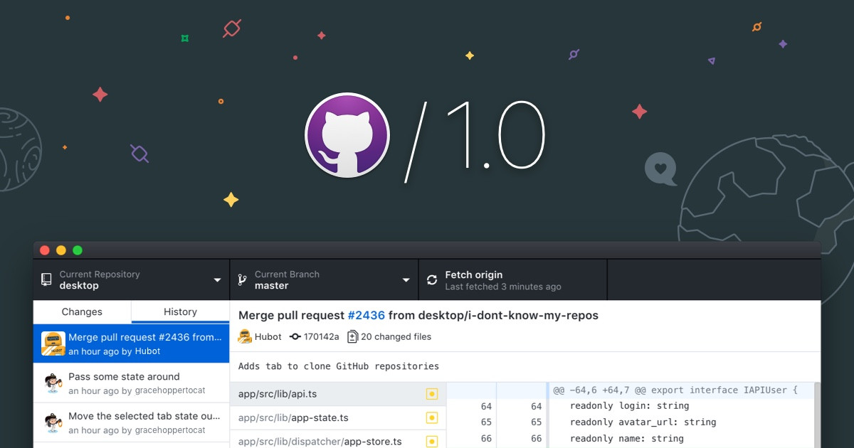 Offizielles Ankündigungsmotiv für GitHub Desktop 1.0 mit Ansicht der Commit-Historie - Bild: GitHub