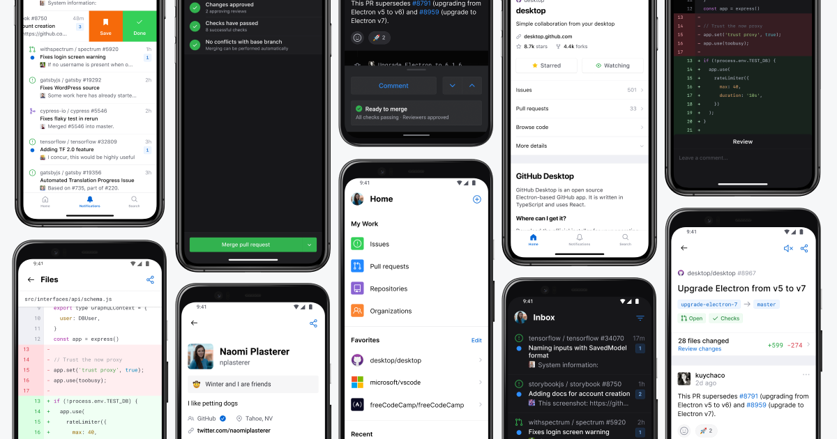 Offizielles GitHub-Mobile-Motiv mit App-Oberflächen auf mehreren Smartphones - Bild: GitHub