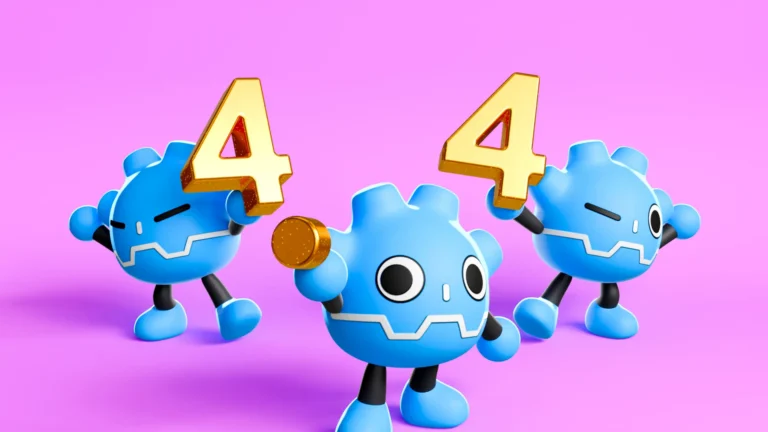 Offizielles Godot-4.4-Motiv mit drei Godot-Figuren und goldenen Versionsziffern - Bild: Godot Engine / Tibo