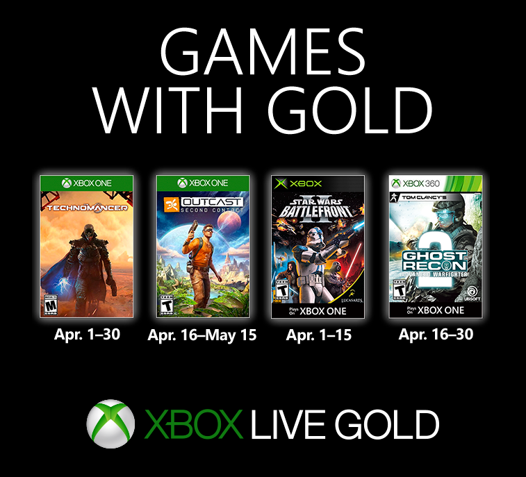 Offizielle Übersicht der vier Games-with-Gold-Spiele und ihrer Aktionszeiträume im April und Mai 2019 - Bild: Microsoft / Xbox