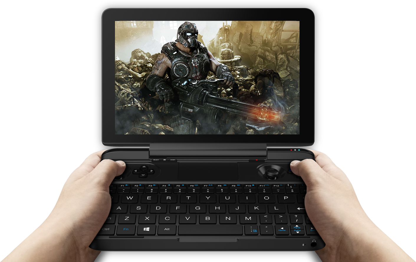 Offizielles GPD-Win-Max-Produktmotiv mit Tastatur, Spielsteuerung und Gears-Bildschirmdarstellung - Bild: GPD