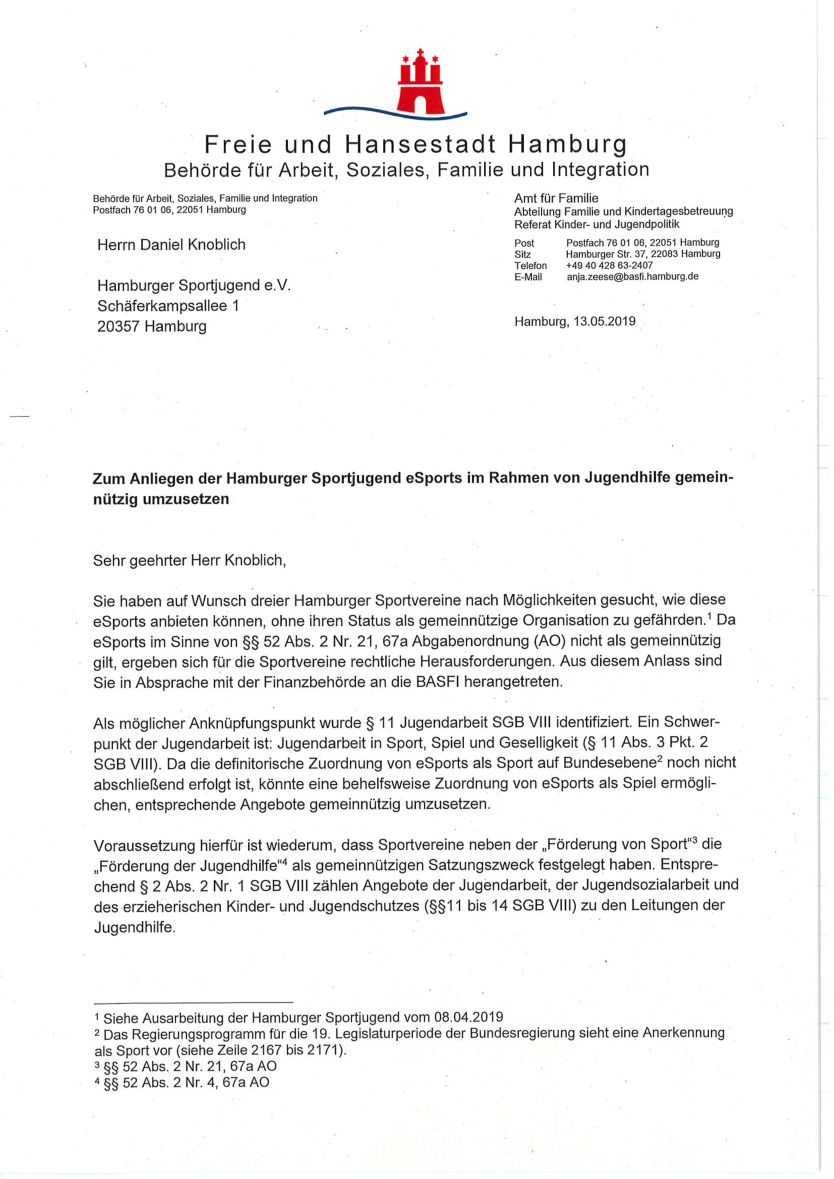 Erste Seite des Behördenschreibens zu E-Sport und Jugendhilfe vom 13. Mai 2019 - Bild: Freie und Hansestadt Hamburg / BASFI