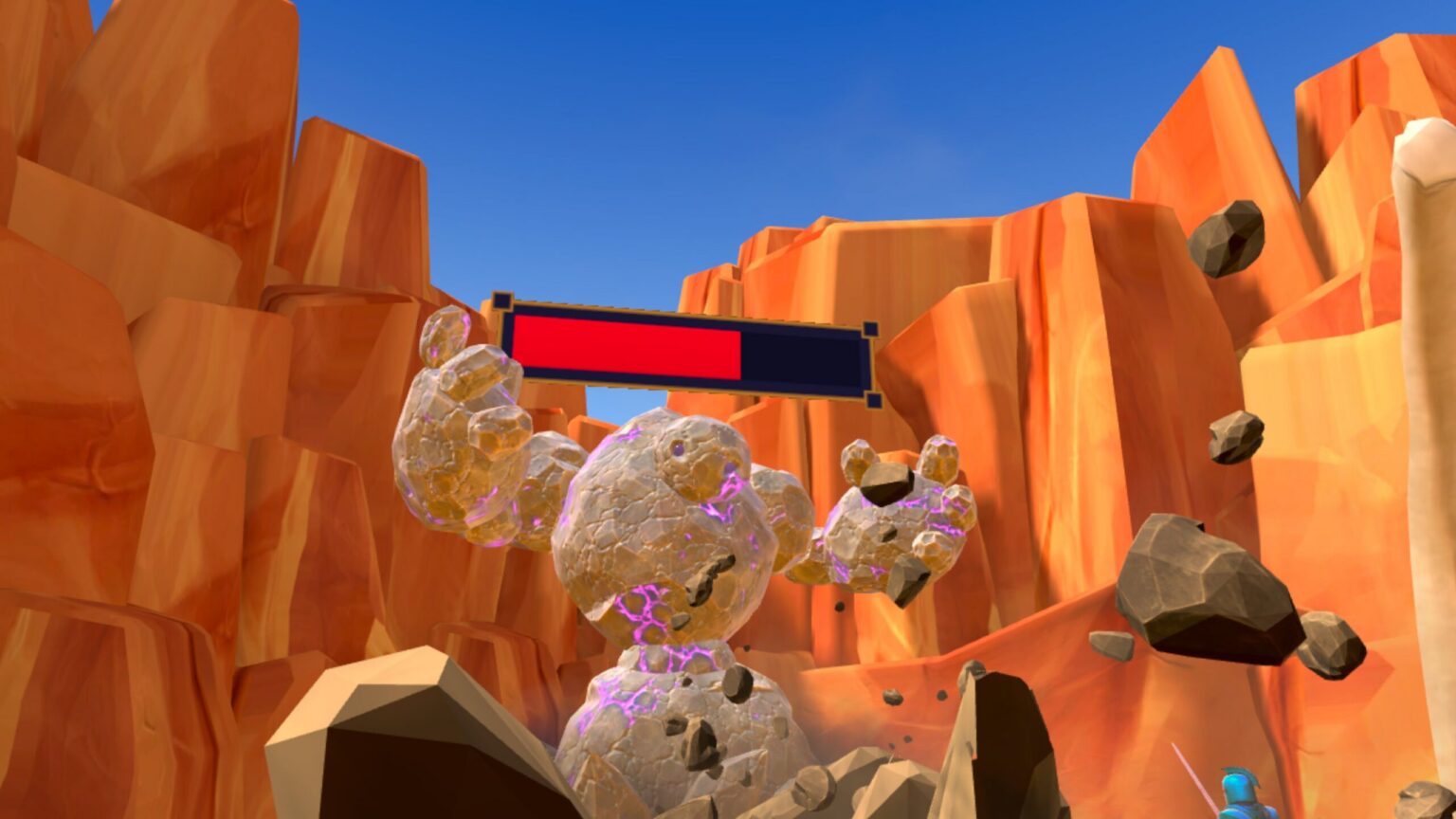 Offizieller Screenshot aus Heroes Together VR mit einem Felsgegner in einer Schlucht - Bild: Basement Bunker Labs / vrCAVE