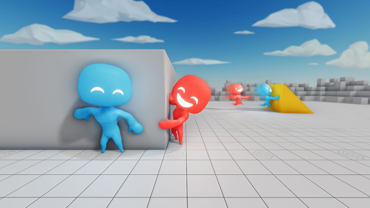 Offizielles Motiv zum Versteckspiel-Experiment mit blauen und roten Agenten, Kisten und einer Rampe - Bild: OpenAI