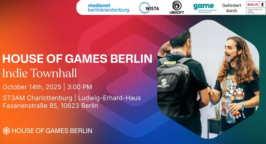 Offizielles Ankündigungsmotiv zum Indie-Townhall-Treffen für das House of Games Berlin am 14. Oktober 2025, keine Aufnahme des Runden Tisches - Bild: WISTA / medianet berlinbrandenburg