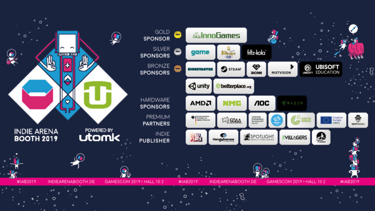 Offizielle Übersicht der Sponsoren, Hardwarepartner, Premium-Partner und Indie-Publisher der Indie Arena Booth 2019 - Bild: Indie Arena Booth / Super Crowd Entertainment