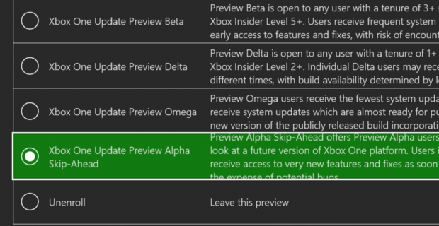 Offizieller Screenshot der Auswahl des Alpha-Skip-Ahead-Rings als Illustration, kein Bild des neuen Power-Center-Layouts - Bild: Microsoft / Xbox