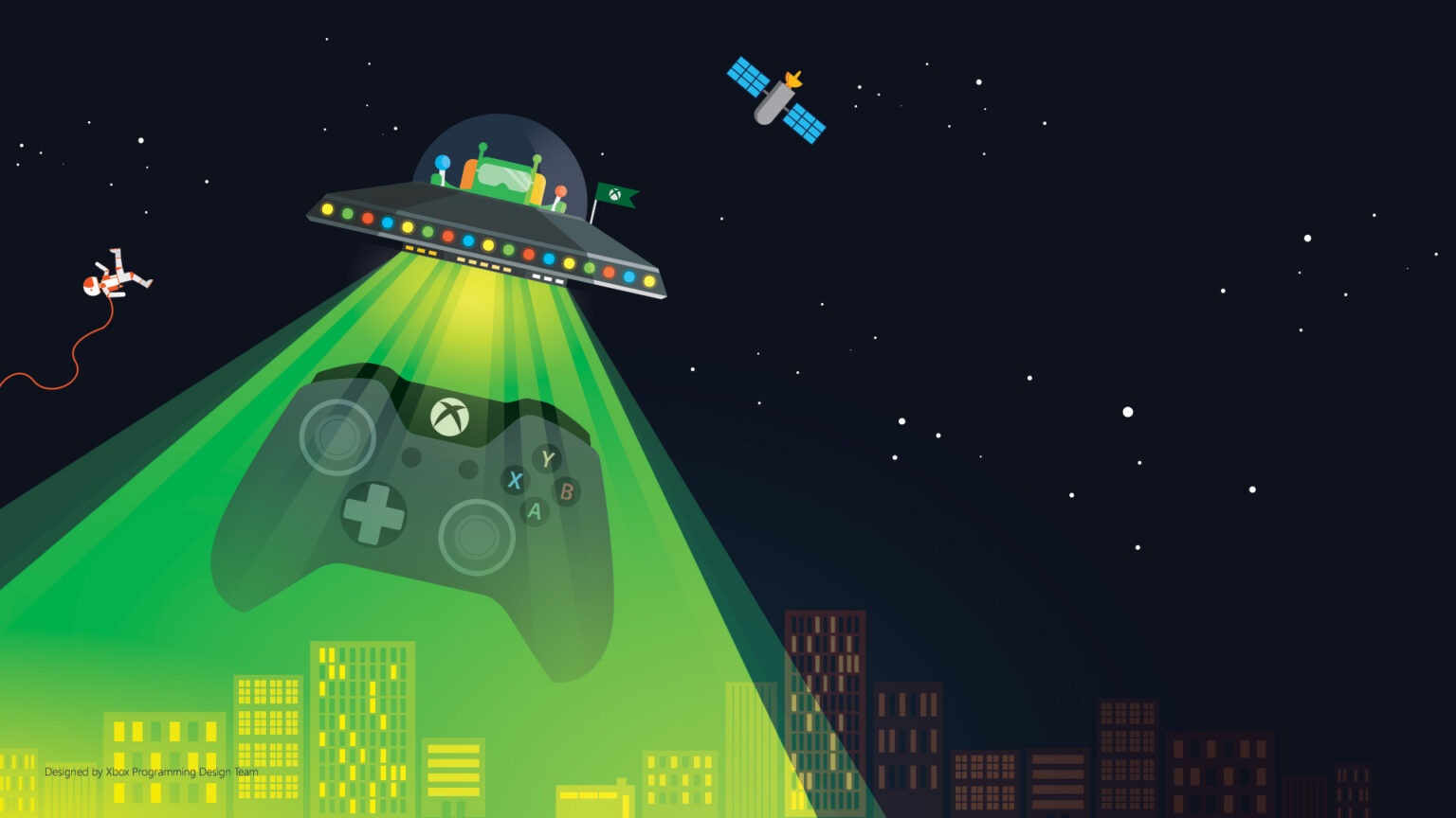 Offizielles Xbox-Insider-Motiv mit UFO, Controller und grünen Lichtstrahlen - Bild: Microsoft