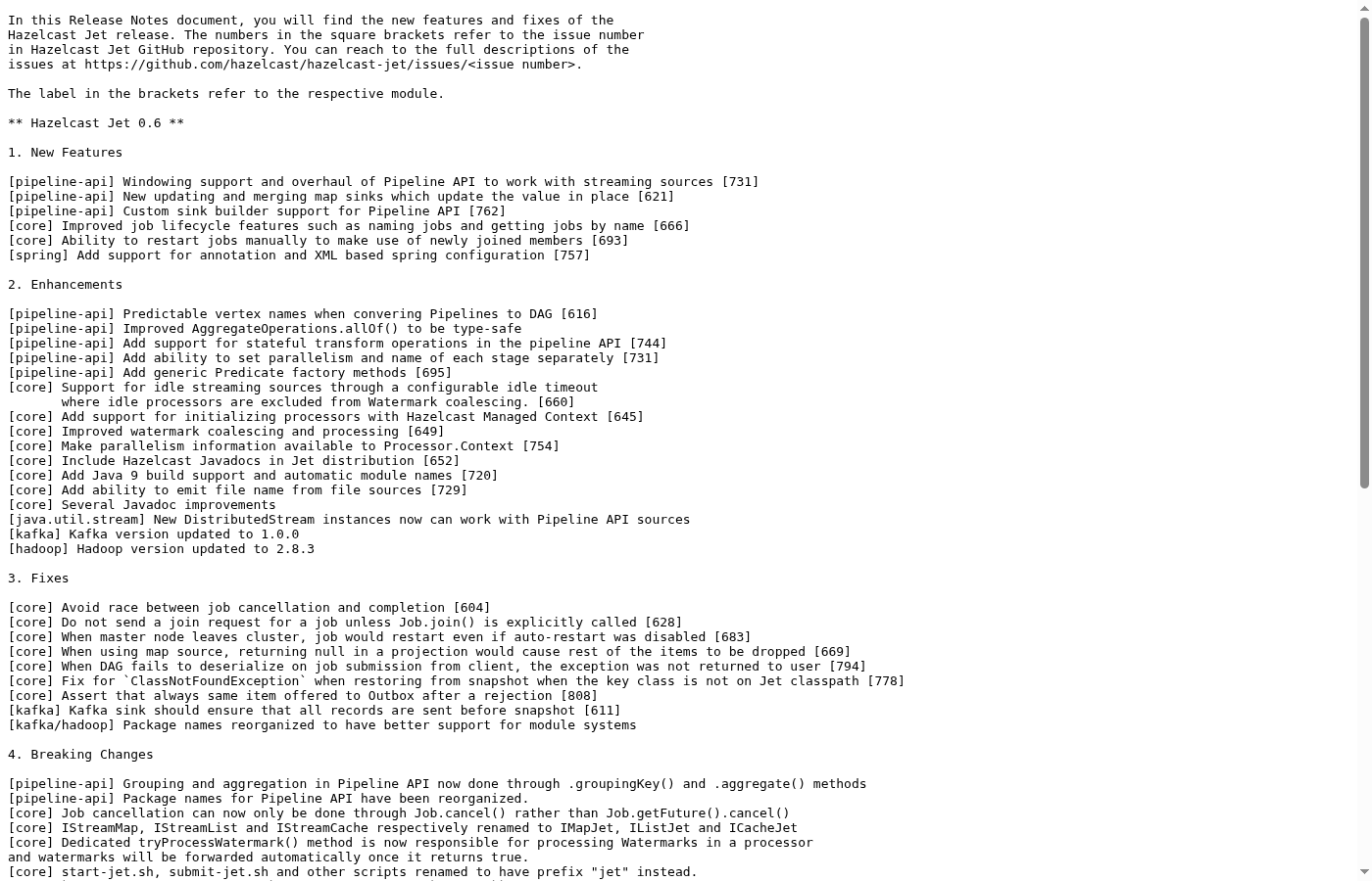 Browser-Screenshot der offiziellen historischen Release Notes zu Hazelcast Jet 0.6 - Bild: Hazelcast