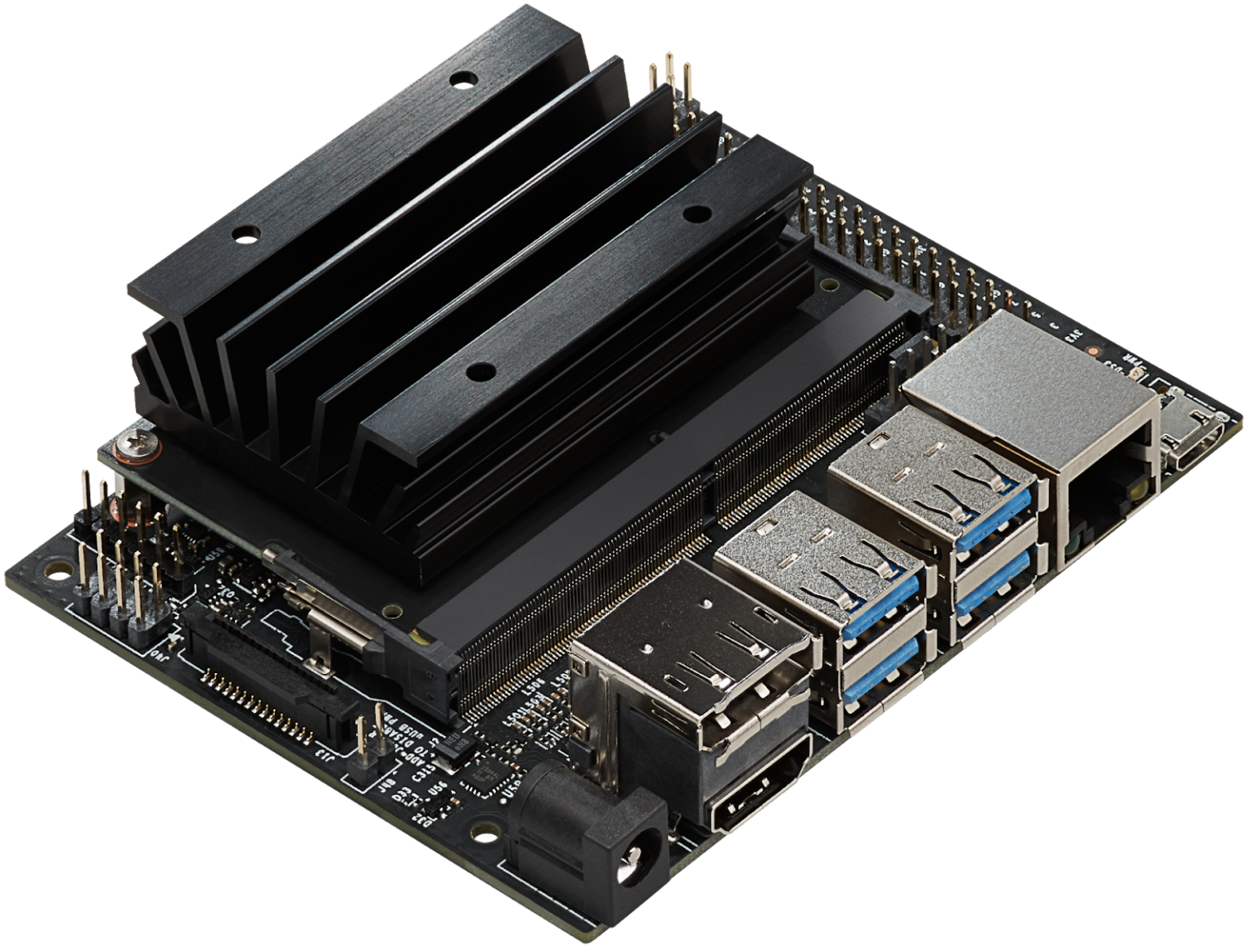 NVIDIA Jetson Nano Developer Kit mit Kühlkörper, USB-Anschlüssen und GPIO-Leiste - Bild: NVIDIA