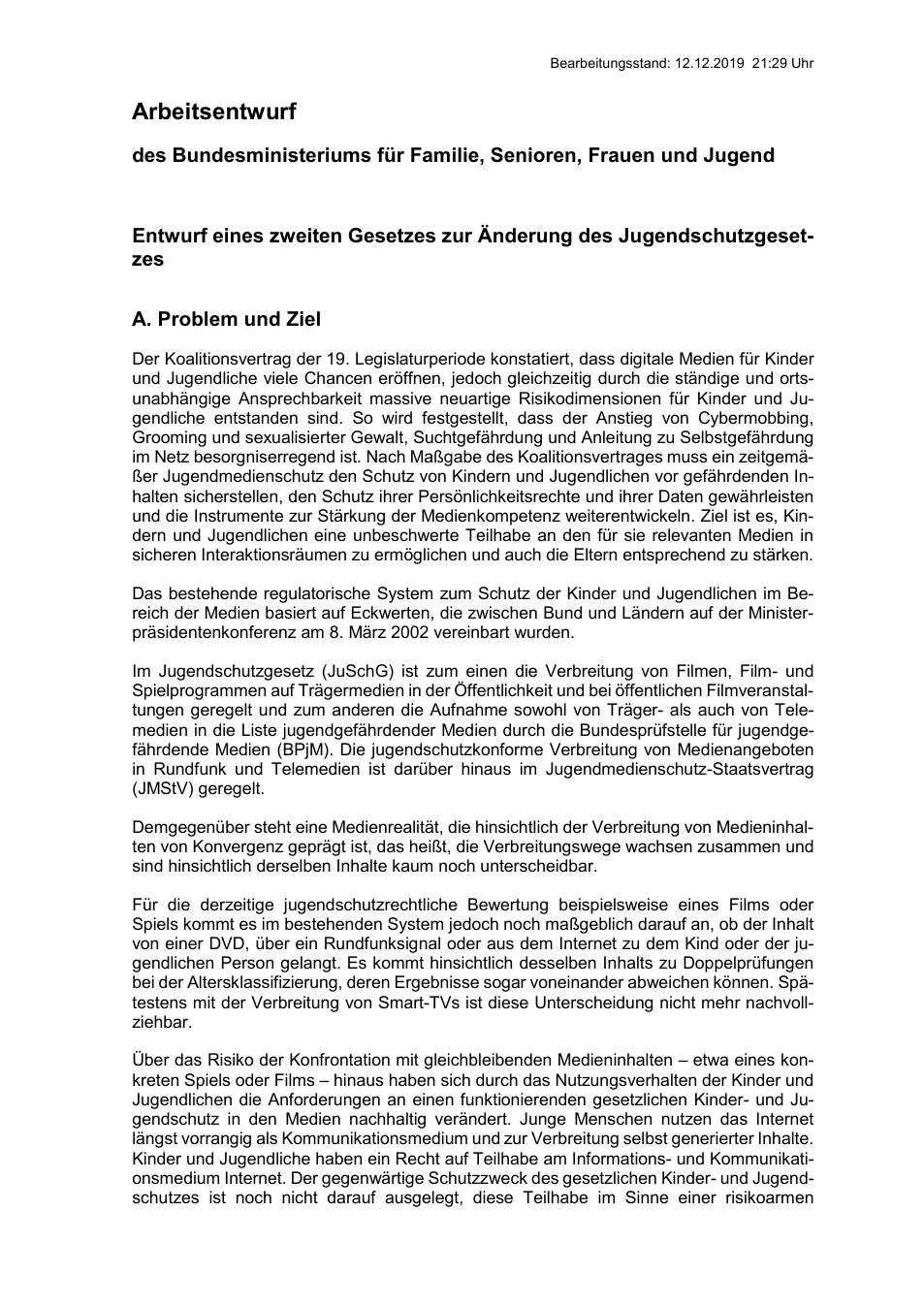 Erste Seite des Arbeitsentwurfs zum Jugendschutzgesetz vom 12. Dezember 2019 - Bild: Bundesfamilienministerium