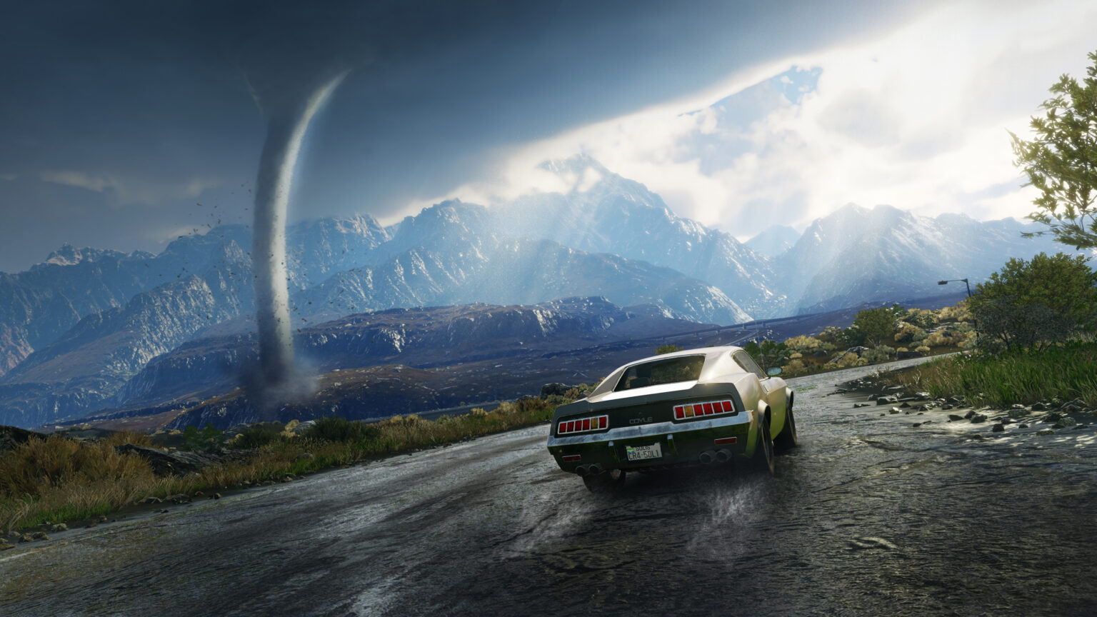 Offizieller Just-Cause-4-Screenshot mit Auto und Tornado, keine Messaufnahme von Digital Foundry - Bild: Square Enix / Avalanche Studios / Xbox Wire