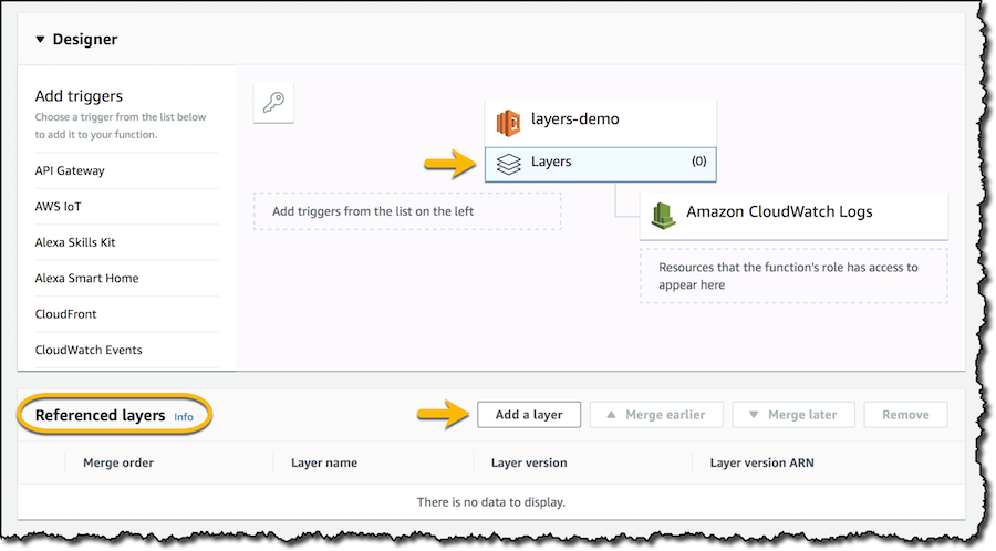 AWS-Lambda-Konsole von 2018 mit dem Bereich für referenzierte Layers - Bild: Amazon Web Services