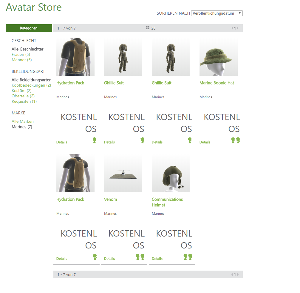Historischer Screenshot des deutschen Avatar Stores mit sieben kostenlos gelisteten Marines-Artikeln - Bild: Microsoft