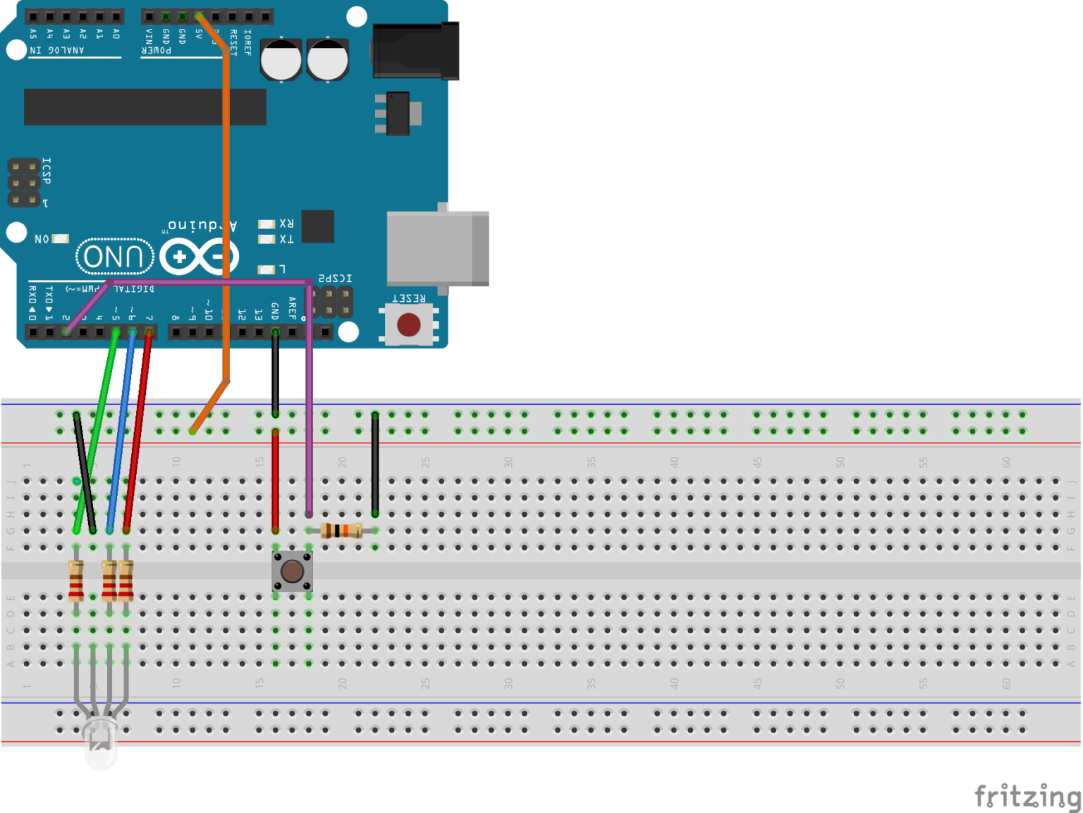 Pylo-Beispielschaltung für MCreator und Arduino mit RGB-LED und Taster - Bild: Pylo