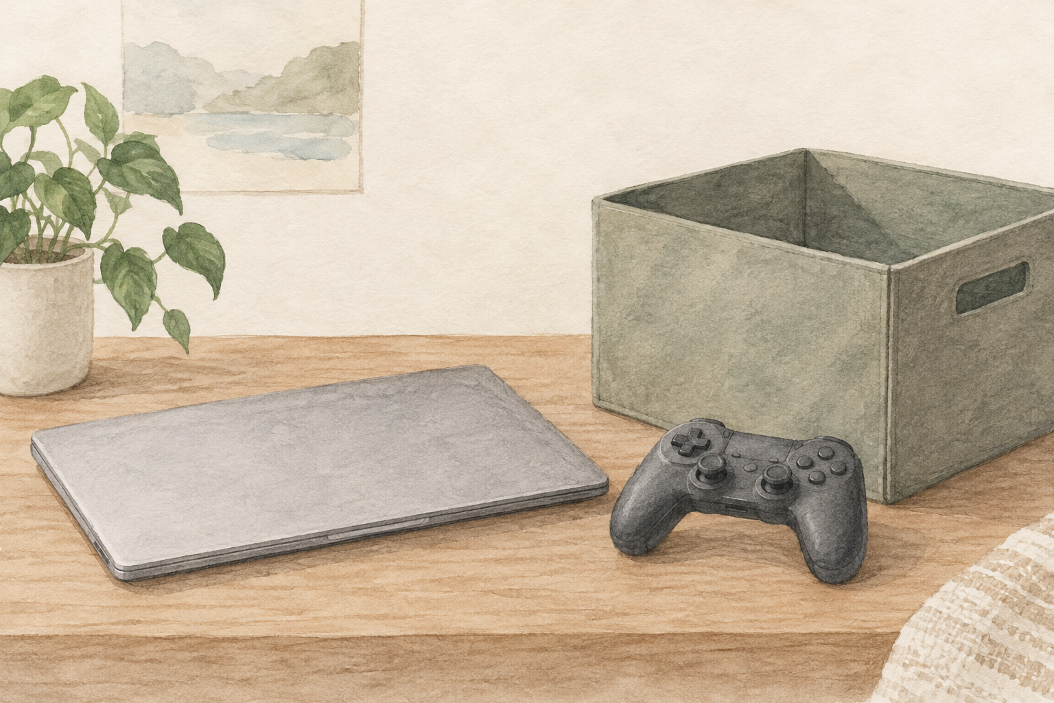 Notebook und Controller neben einer Aufbewahrungsbox, KI-generiertes Symbolbild, keine Darstellung eines konkreten Mietangebots - Bild: XboxDev