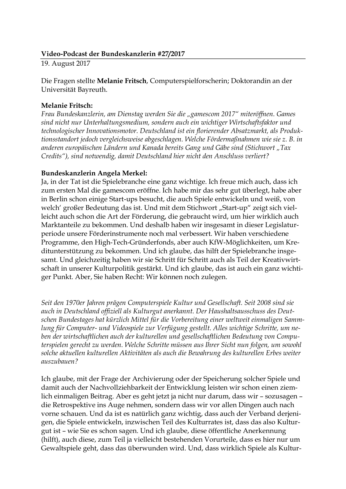 Erste Seite des offiziellen Transkripts zum Merkel-Podcast vom 19. August 2017, keine Messeaufnahme - Bild: Bundesregierung